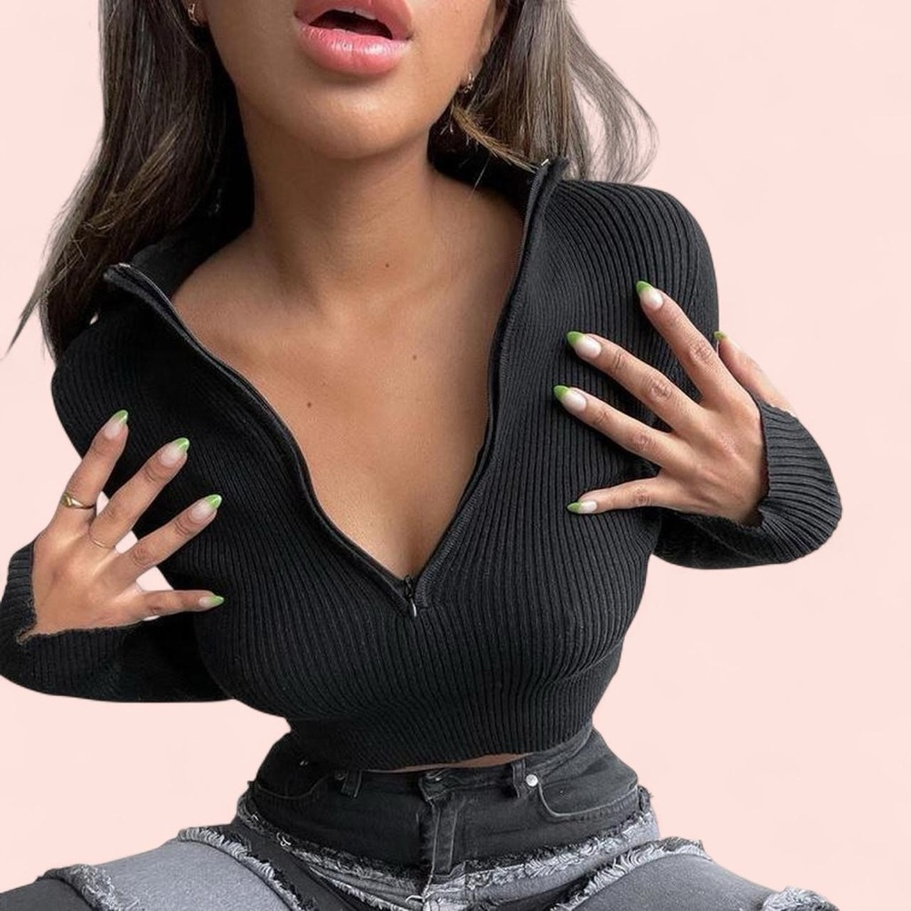Princess Polly Black Ribbed Quarter Zip Long Sleeve Crop Top